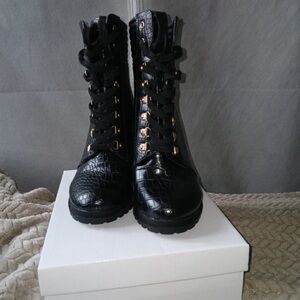 Shoe Dazzle Black Croc-Embossed Combat Boots